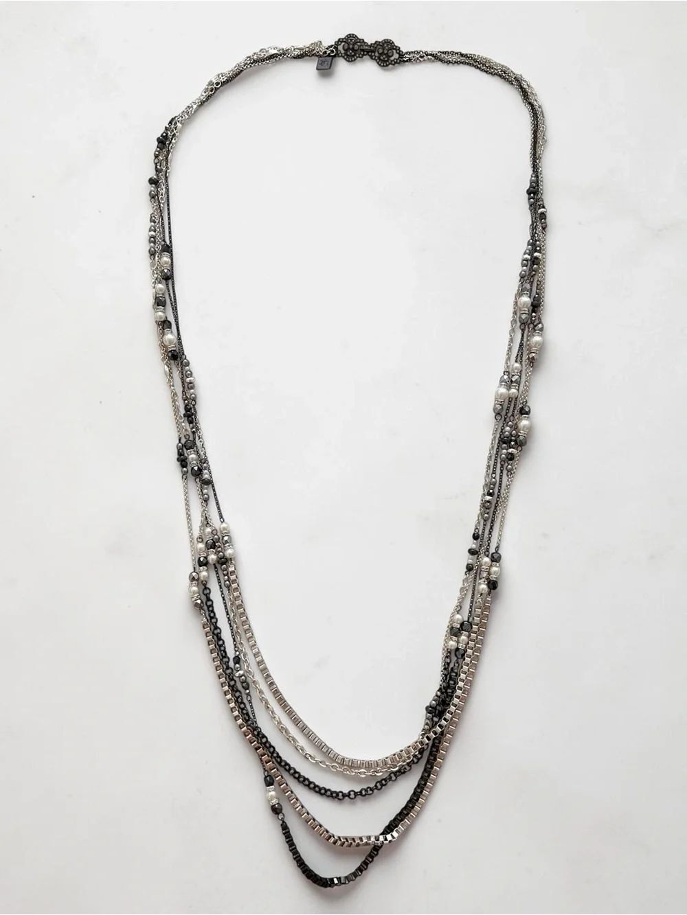 Long Multi-Strand Silver and Black Bead Five Layered Statement Necklace
